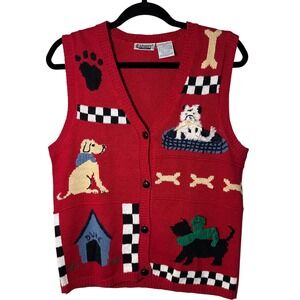 Vintage Capacity Petite Small Dog Print Sleeveless Button Down Knit Sweater Vest